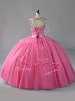 Elegant Pink Lace Up Quince Ball Gowns Sleeveless Beading