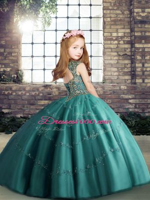 Enchanting Floor Length Teal Kids Pageant Dress Tulle Sleeveless Beading