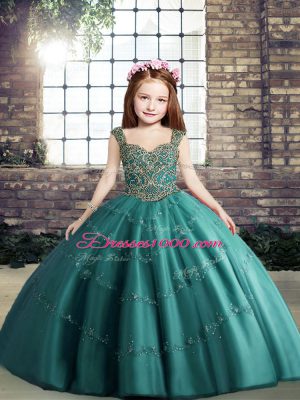Enchanting Floor Length Teal Kids Pageant Dress Tulle Sleeveless Beading