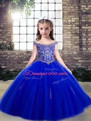 Tulle Off The Shoulder Sleeveless Lace Up Beading and Appliques Little Girl Pageant Gowns in Royal Blue