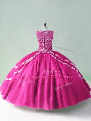 Modest Fuchsia Ball Gowns Tulle Scoop Sleeveless Beading and Appliques Floor Length Zipper 15 Quinceanera Dress