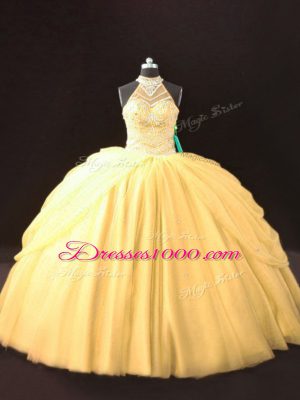 Fine Floor Length Lace Up Sweet 16 Dresses Gold for Sweet 16 and Quinceanera with Beading and Pick Ups