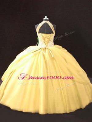 Fine Floor Length Lace Up Sweet 16 Dresses Gold for Sweet 16 and Quinceanera with Beading and Pick Ups