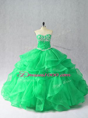 High Quality Sweetheart Sleeveless Sweet 16 Quinceanera Dress Floor Length Beading and Ruffles Green Organza