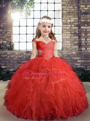 Gorgeous Red Straps Side Zipper Beading and Ruffles Child Pageant Dress Sleeveless