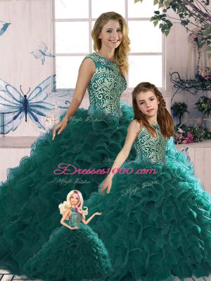 Fabulous Floor Length Peacock Green Quinceanera Gown Scoop Sleeveless Lace Up