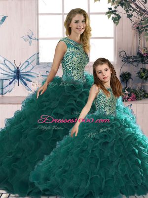 Fabulous Floor Length Peacock Green Quinceanera Gown Scoop Sleeveless Lace Up