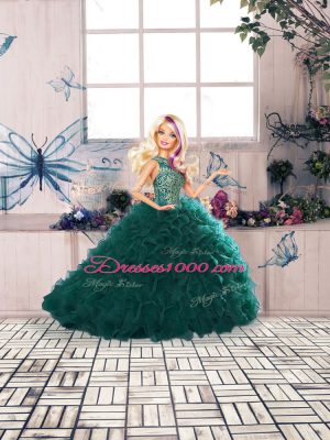 Fabulous Floor Length Peacock Green Quinceanera Gown Scoop Sleeveless Lace Up