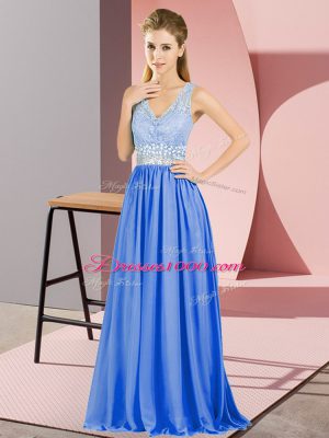 Ideal Blue Empire Chiffon V-neck Sleeveless Beading and Lace Floor Length Backless Dress for Prom