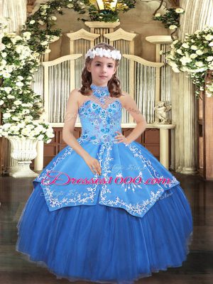 New Style Blue High-neck Lace Up Embroidery Glitz Pageant Dress Sleeveless
