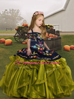 Custom Fit Olive Green Ball Gowns Straps Sleeveless Organza Floor Length Lace Up Embroidery and Ruffles Kids Formal Wear