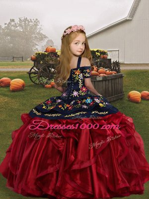 Custom Fit Olive Green Ball Gowns Straps Sleeveless Organza Floor Length Lace Up Embroidery and Ruffles Kids Formal Wear