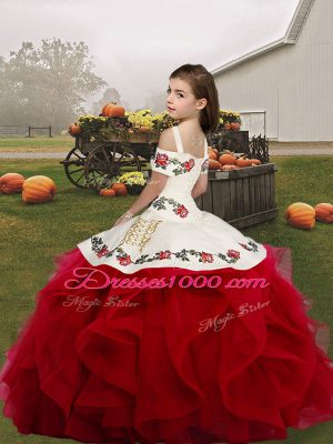 Organza Straps Sleeveless Lace Up Embroidery and Ruffles Child Pageant Dress in Red