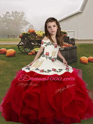 Organza Straps Sleeveless Lace Up Embroidery and Ruffles Child Pageant Dress in Red