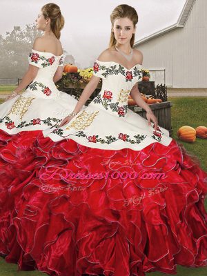 Affordable White And Red Sleeveless Organza Lace Up Sweet 16 Dress for Military Ball and Sweet 16 and Quinceanera