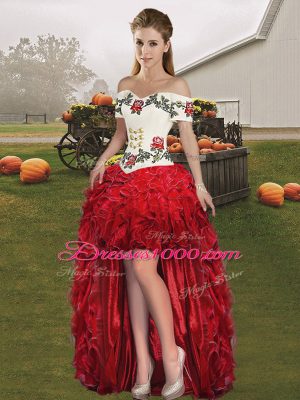 Affordable White And Red Sleeveless Organza Lace Up Sweet 16 Dress for Military Ball and Sweet 16 and Quinceanera