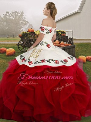 Suitable Olive Green Off The Shoulder Neckline Embroidery and Ruffles Quince Ball Gowns Sleeveless Lace Up