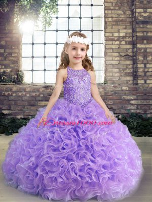 Sleeveless Fabric With Rolling Flowers Floor Length Lace Up Little Girl Pageant Dress in Lavender with Beading and Ruching