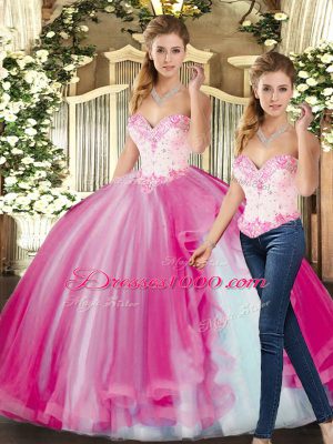 Modest Sleeveless Floor Length Beading Lace Up Sweet 16 Quinceanera Dress with Fuchsia