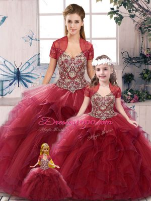 Most Popular Sleeveless Floor Length Beading and Ruffles Lace Up Sweet 16 Dress with Burgundy
