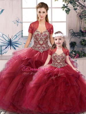 Most Popular Sleeveless Floor Length Beading and Ruffles Lace Up Sweet 16 Dress with Burgundy
