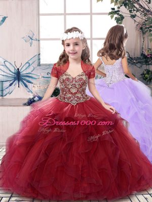 Most Popular Sleeveless Floor Length Beading and Ruffles Lace Up Sweet 16 Dress with Burgundy