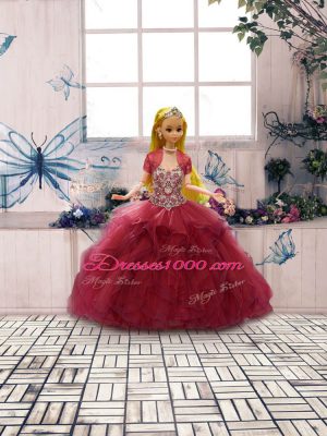 Most Popular Sleeveless Floor Length Beading and Ruffles Lace Up Sweet 16 Dress with Burgundy