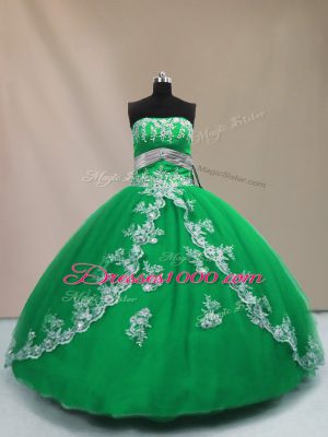 Sleeveless Floor Length Appliques Lace Up Ball Gown Prom Dress with Green