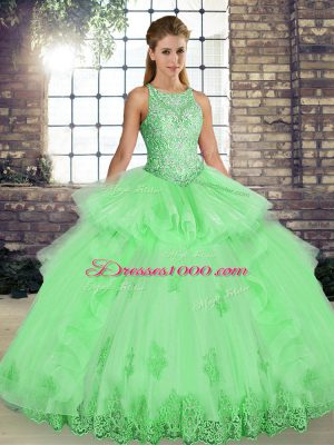Extravagant Scoop Neckline Lace and Embroidery and Ruffles Quinceanera Gown Sleeveless Lace Up