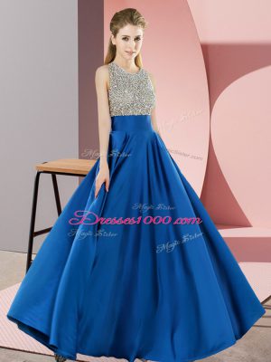 Elegant Blue Elastic Woven Satin Backless Dress for Prom Sleeveless Floor Length Beading