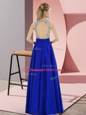 Elegant Blue Elastic Woven Satin Backless Dress for Prom Sleeveless Floor Length Beading