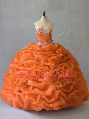Cute Orange Sleeveless Floor Length Beading and Pick Ups Lace Up Quinceanera Gown