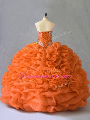 Cute Orange Sleeveless Floor Length Beading and Pick Ups Lace Up Quinceanera Gown