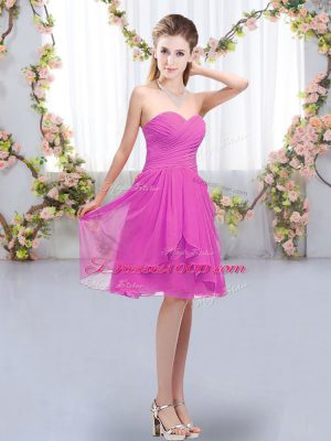 Colorful Fuchsia Empire Chiffon Sweetheart Sleeveless Ruffles and Ruching Knee Length Lace Up Bridesmaid Gown