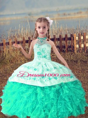 Halter Top Sleeveless Pageant Gowns For Girls Floor Length Beading and Embroidery and Ruffles Turquoise Organza
