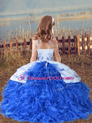 Halter Top Sleeveless Pageant Gowns For Girls Floor Length Beading and Embroidery and Ruffles Turquoise Organza