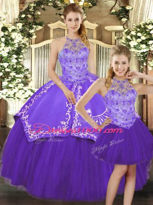 Beading and Embroidery Quinceanera Dresses Purple Lace Up Sleeveless Floor Length