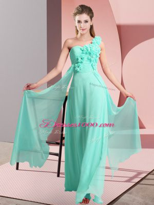 High Quality Apple Green Chiffon Lace Up One Shoulder Sleeveless Floor Length Wedding Party Dress Hand Made Flower