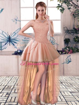Peach Tulle Lace Up Off The Shoulder Sleeveless High Low Celebrity Dress Beading