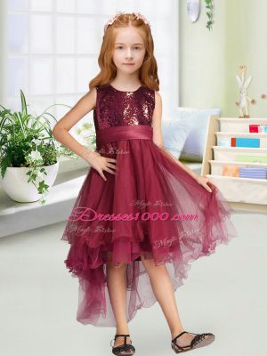 Burgundy Sleeveless Sequins and Bowknot High Low Flower Girl Dresses