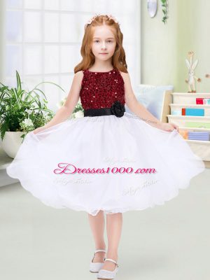 Lovely Organza Scoop Sleeveless Zipper Sequins and Hand Made Flower Toddler Flower Girl Dress in White