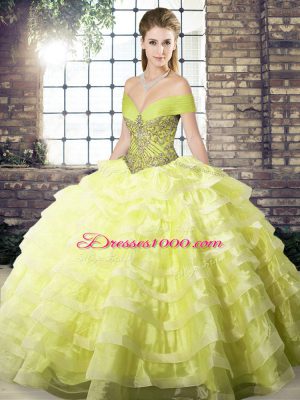 Hot Selling Sleeveless Organza Brush Train Lace Up 15th Birthday Dress in Yellow with Beading and Ruffled Layers