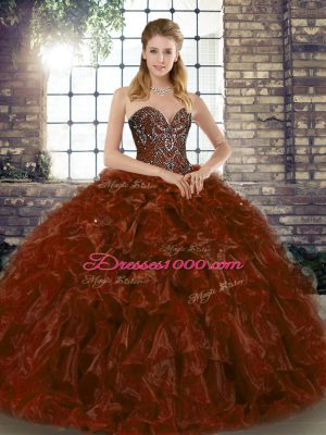 Excellent Sleeveless Floor Length Beading and Ruffles Lace Up Sweet 16 Dress with Brown