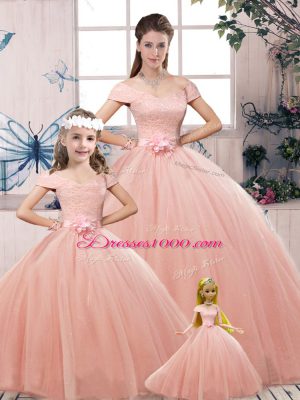 Designer Ball Gowns Quinceanera Dresses Pink Off The Shoulder Tulle Short Sleeves Floor Length Lace Up