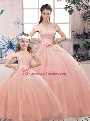 Designer Ball Gowns Quinceanera Dresses Pink Off The Shoulder Tulle Short Sleeves Floor Length Lace Up