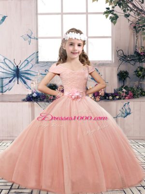 Designer Ball Gowns Quinceanera Dresses Pink Off The Shoulder Tulle Short Sleeves Floor Length Lace Up