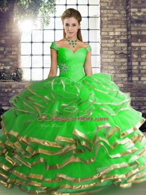 Off The Shoulder Sleeveless Lace Up Ball Gown Prom Dress Green Tulle