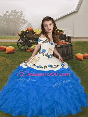 Blue Little Girl Pageant Gowns Party and Wedding Party with Embroidery and Ruffles Straps Sleeveless Lace Up