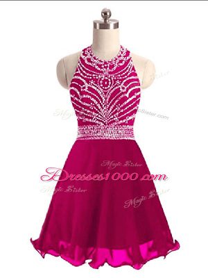 Hot Pink A-line Halter Top Sleeveless Chiffon Mini Length Lace Up Beading Prom Dresses