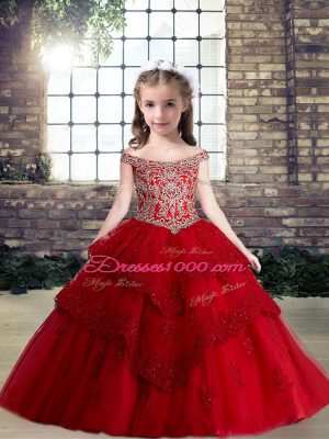 Lace and Appliques Kids Formal Wear Red Lace Up Sleeveless Floor Length
